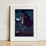 Beware the Beautiful Witch - Power O’malley Art Print / Canvas Framed Artwork Witch Broomstick Dark Moonlit Sky Bats Aubergine Fabric