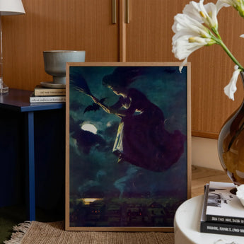 Beware the Beautiful Witch - Power O’malley Art Print / Canvas Framed Artwork Witch Broomstick Dark Moonlit Sky Bats Aubergine Fabric
