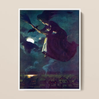 Beware the Beautiful Witch - Power O’malley Art Print / Canvas Framed Artwork Witch Dark Gown Broomstick Moonlit Night Aubergine Fabric