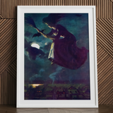 Beware the Beautiful Witch - Power O’malley Art Print / Canvas Purple Witch Broomstick Poster Aubergine Fabric Billows, Silver Edge, Power