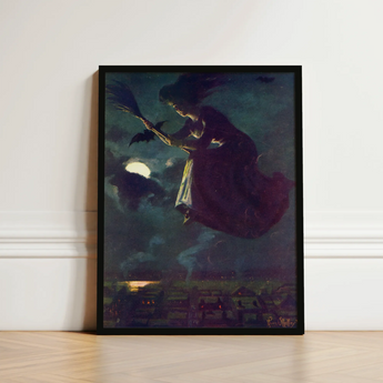 Black-framed Artwork Witch Broomstick Dark Moonlit Sky Aubergine Fabric Billows, Silver Edge, Power O’malley