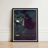 Black-framed Art Print Witch Broomstick Dark Moonlit Sky Aubergine Fabric Billows, Silver Edge, Power O’malley