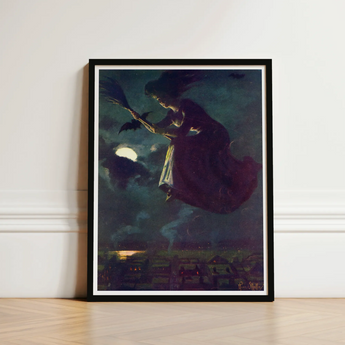 Black-framed Art Print Witch Broomstick Dark Moonlit Sky Aubergine Fabric Billows, Silver Edge, Power O’malley
