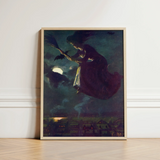 Framed Artwork Witch Broomstick Dark Moonlit Sky Bats Aubergine Fabric Billows, Silver Edge, Power O’malley