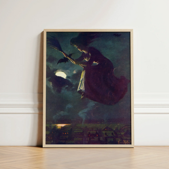 Framed Artwork Witch Broomstick Dark Moonlit Sky Bats Aubergine Fabric Billows, Silver Edge, Power O’malley