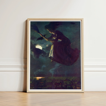 Framed Artwork Witch Broomstick Night Dark Tones Moon Aubergine Fabric Billows, Silver Edge, Power O’malley