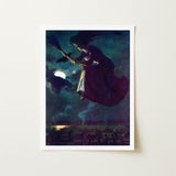 Beware the Beautiful Witch - Power O’malley Art Print / Canvas Framed Artwork Broomstick Dark Moonlit Sky Bats Aubergine Fabric Billows,