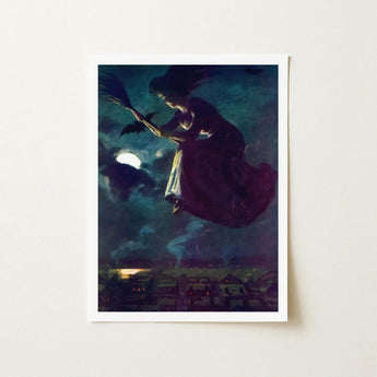 Beware the Beautiful Witch - Power O’malley Art Print / Canvas Framed Artwork Broomstick Dark Moonlit Sky Bats Aubergine Fabric Billows,