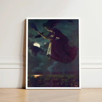 Framed Artwork Witch Dark Robes Broomstick Moonlit Night Aubergine Fabric Billows, Silver Edge, Power O’malley