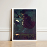 Framed Artwork Witch Broomstick Dark Moonlit Sky Bats Aubergine Fabric Billows, Silver Edge, Power O’malley
