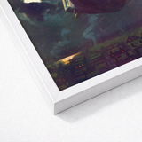 White Framed Artwork Dark Atmospheric Scene Orange Lights Aubergine Fabric Billows, Silver Edge, Power O’malley