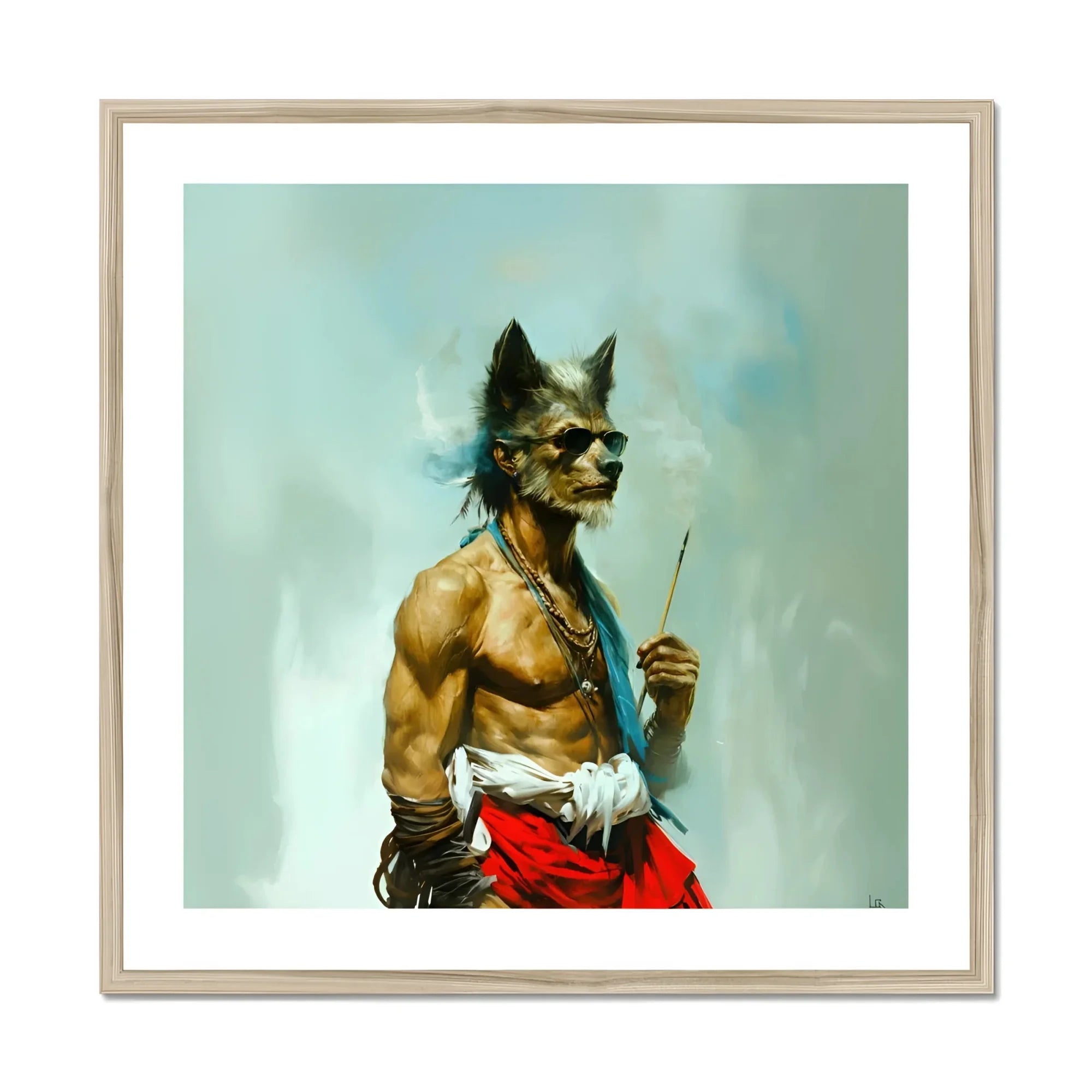 Bhediya Gay Wolf Sadhu Art Print, Muscular Shirtless Figure Wolf Mask Red Pants Cigarette