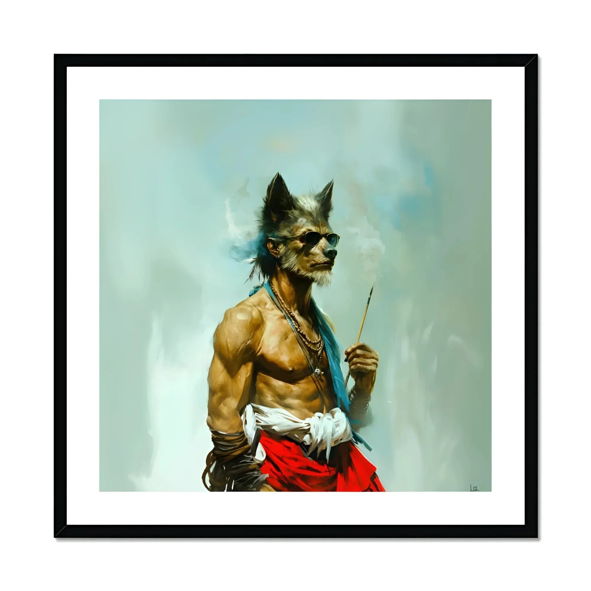 Bhediya Gay Wolf Sadhu Art Print, Muscular Warrior Figure Wolf Head Red White Garments