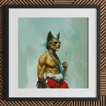Bhediya art print, muscular wolf-like sadhu with sunglasses, framed.
