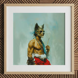 Bhediya art print of a wolf sadhu in natural frame.