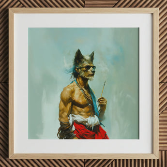 Bhediya art print of a wolf sadhu in natural frame.