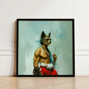 Bhediya - Gay Wolf Sadhu Art Print / Canvas Black-framed Artwork Muscular Anthropomorphic Gray White Fur Shaman, Spectral Elder Bound,