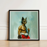 Bhediya - Gay Wolf Sadhu Art Print / Canvas Black-framed Muscular Anthropomorphic Sunglasses Red Shaman, Spectral Elder Bound, Prints