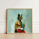 Bhediya - Gay Wolf Sadhu Art Print / Canvas Framed Artwork Muscular Anthropomorphic Sunglasses Red Fabric Shaman, Spectral Elder Bound,