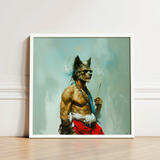 Bhediya - Gay Wolf Sadhu Art Print / Canvas White-framed Artwork Muscular Anthropomorphic Gray Black Fur Shaman, Spectral Elder Bound,