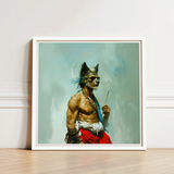 Bhediya - Gay Wolf Sadhu Art Print / Canvas White-framed Artwork Muscular Anthropomorphic Sunglasses Red Fabric Shaman, Spectral Elder