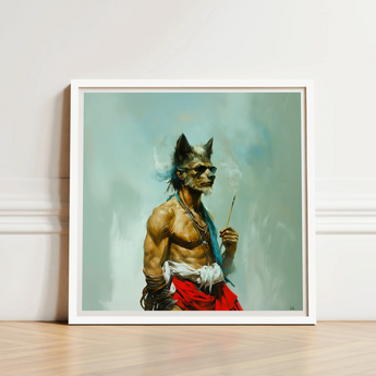 Bhediya - Gay Wolf Sadhu Art Print / Canvas White-framed Artwork Muscular Anthropomorphic Sunglasses Red Fabric Shaman, Spectral Elder