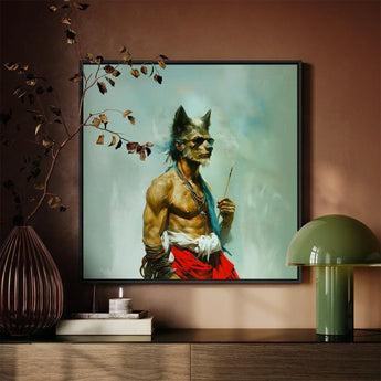 Bhediya - Gay Wolf Sadhu Art Print / Canvas Framed Artwork Muscular Anthropomorphic Sunglasses Red Fabric Shaman, Spectral Elder Bound,