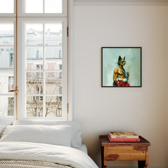 Bhediya - Gay Wolf Sadhu Art Print / Canvas Framed Painting Muscular Anthropomorphic Wolf Figure Red Pants Gay Shaman, Spectral Elder