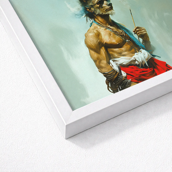 Bhediya - Gay Wolf Sadhu Art Print / Canvas White Framed Artwork Muscular Bearded Figure Blue Red Shaman, Spectral Elder Bound, Prints
