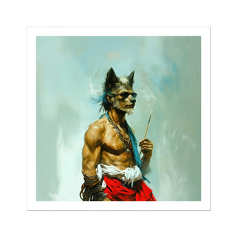 Bhediya Gay Wolf Sadhu Art Print, Muscular Humanoid Figure Wolf’s Head Red White Clothing