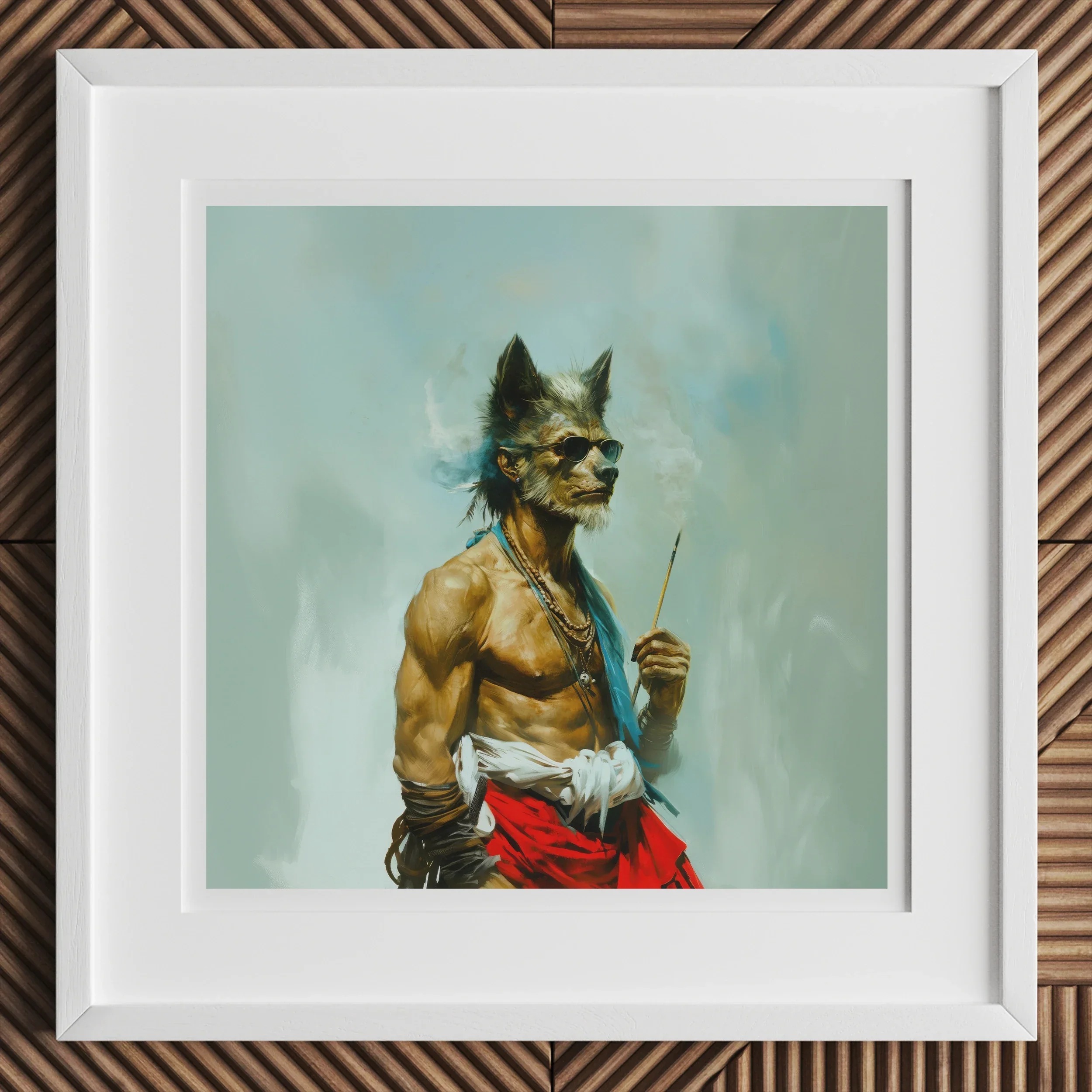 Bhediya - Gay Wolf Sadhu Art Print, Surreal Painting Muscular Humanoid Figure Dog’s Head Red