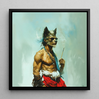 Bhediya - Gay Wolf Sadhu Framed Canvas, 12x12’’ / 31x31cm / Black Floating Frame, Anthropomorphic Wolf Sunglasses