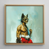 Bhediya - Gay Wolf Sadhu Framed Canvas, 12x12’’ / 31x31cm / Natural Floating Frame, Framed Painting Anthropomorphic Wolf-like Figure