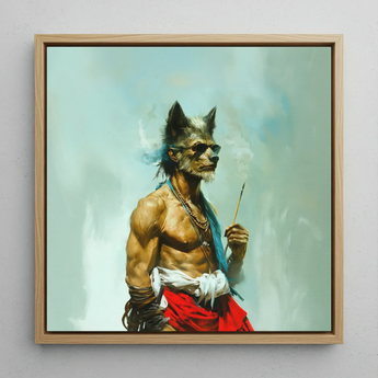 Bhediya - Gay Wolf Sadhu Framed Canvas, 12x12’’ / 31x31cm / Natural Floating Frame, Framed Painting Anthropomorphic Wolf-like Figure