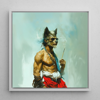 Bhediya - Gay Wolf Sadhu Framed Canvas, 12x12’’ / 31x31cm / White Floating Frame, Anthropomorphic Wolf Sunglasses