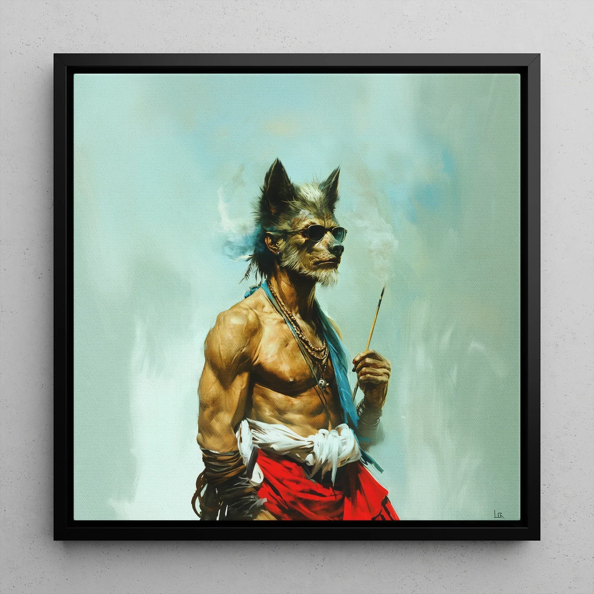 Bhediya - Gay Wolf Sadhu Framed Canvas, 12’’x12’’ / Black Floating Frame, Anthropomorphic Wolf Sunglasses