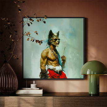 Bhediya - Gay Wolf Sadhu Framed Canvas, Framed Anthropomorphic Wolf Art