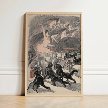 Big Black Cats Howl as Naked Witches Ascend Into the Night Over City - Théophile Steinlen Art Print / Canvas Framed Artwork Detailed