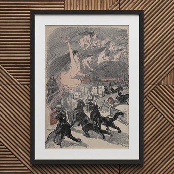 Big Black Cats Howl as Naked Witches Ascend Into the Night Over City - Théophile Steinlen Art Print, 20x30’’ / 51x76cm / Frame / 2’’