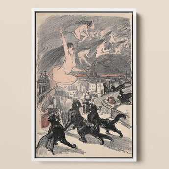 Big Black Cats Howl as Naked Witches Ascend Into the Night Over City - Théophile Steinlen Art Print / Canvas Framed Artwork Nude Woman