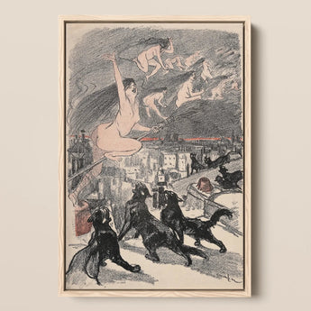 Big Black Cats Howl as Naked Witches Ascend Into the Night Over City - Théophile Steinlen Art Print / Canvas Framed Artwork Surreal Scene