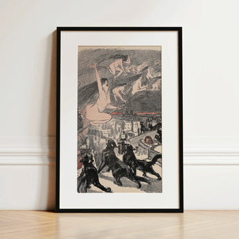 Big Black Cats Howl as Naked Witches Ascend Into the Night Over City - Théophile Steinlen Art Print / Canvas Black-framed Artwork White Mat