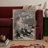 Big Black Cats Howl as Naked Witches Ascend Into the Night Over City - Théophile Steinlen Art Print / Canvas Framed Black-and-white