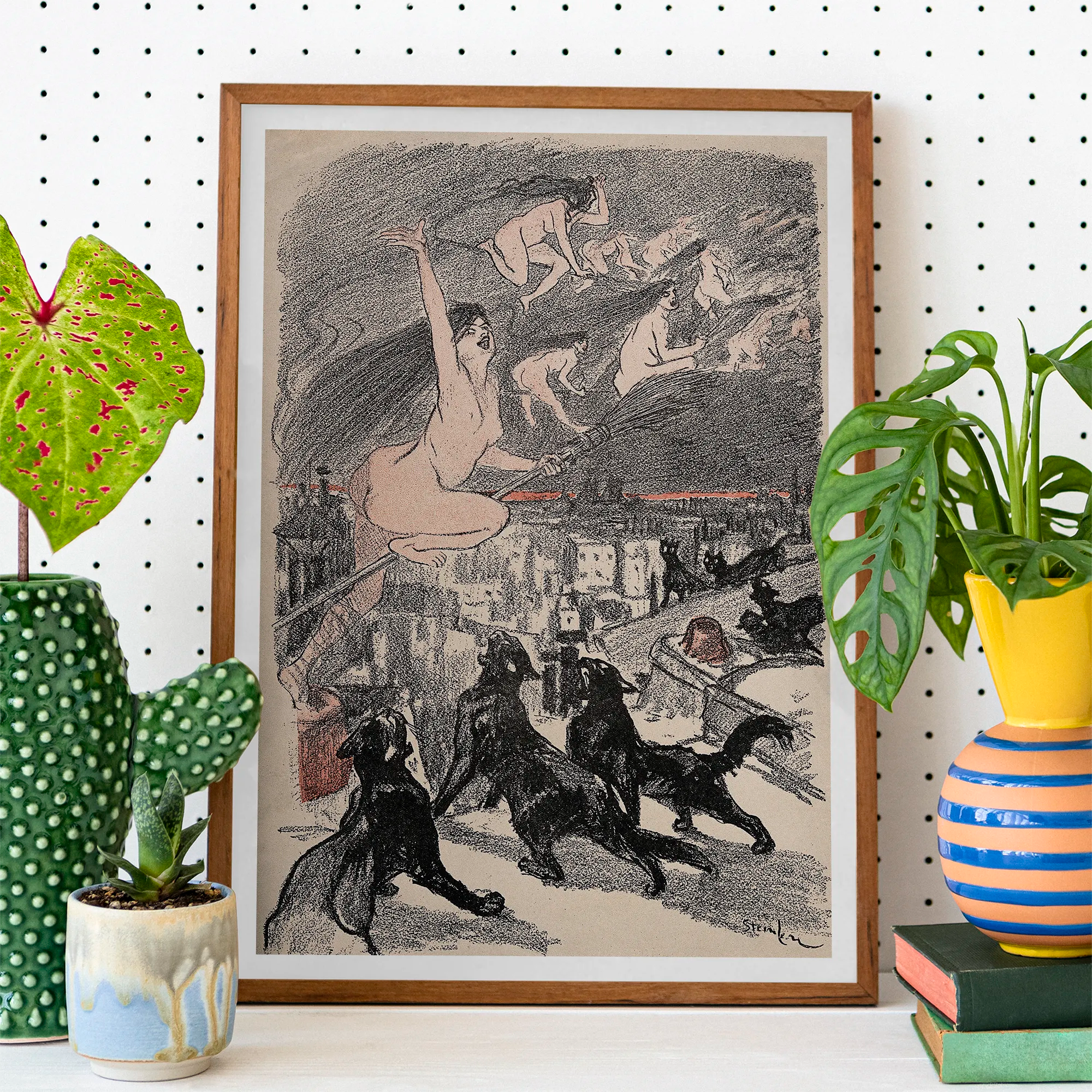 Big Black Cats Howl as Naked Witches Ascend Into the Night Over City - Théophile Steinlen Art Print, Framed Print Witches Town Black Cats