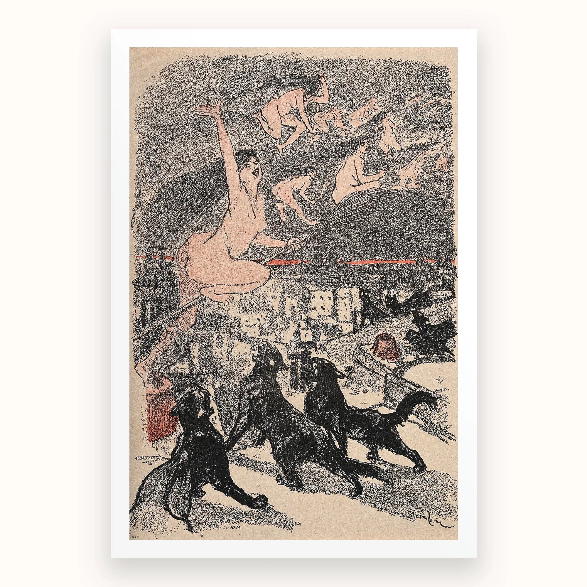 Big Black Cats Howl as Naked Witches Ascend Into the Night Over City - Théophile Steinlen Art Print, Framed Print Naked Witches Brooms City