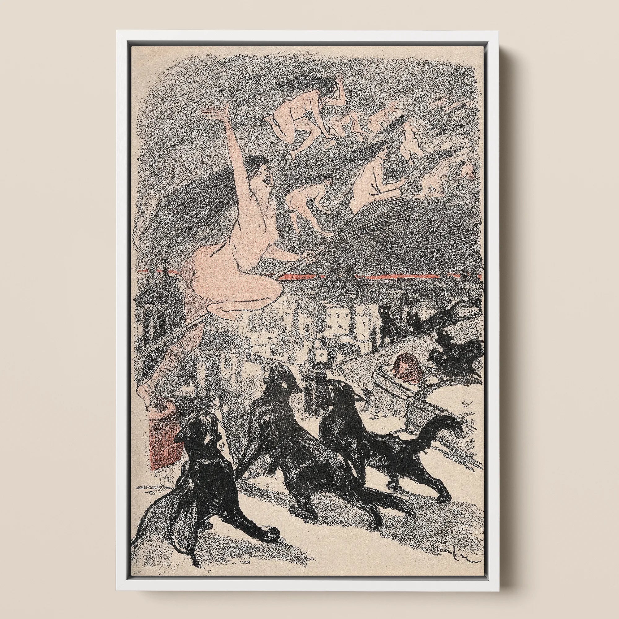 Big Black Cats Howl as Naked Witches Ascend Into the Night Over City - Théophile Steinlen Framed Canvas, 12x18’’ / 31x46cm / White Floating
