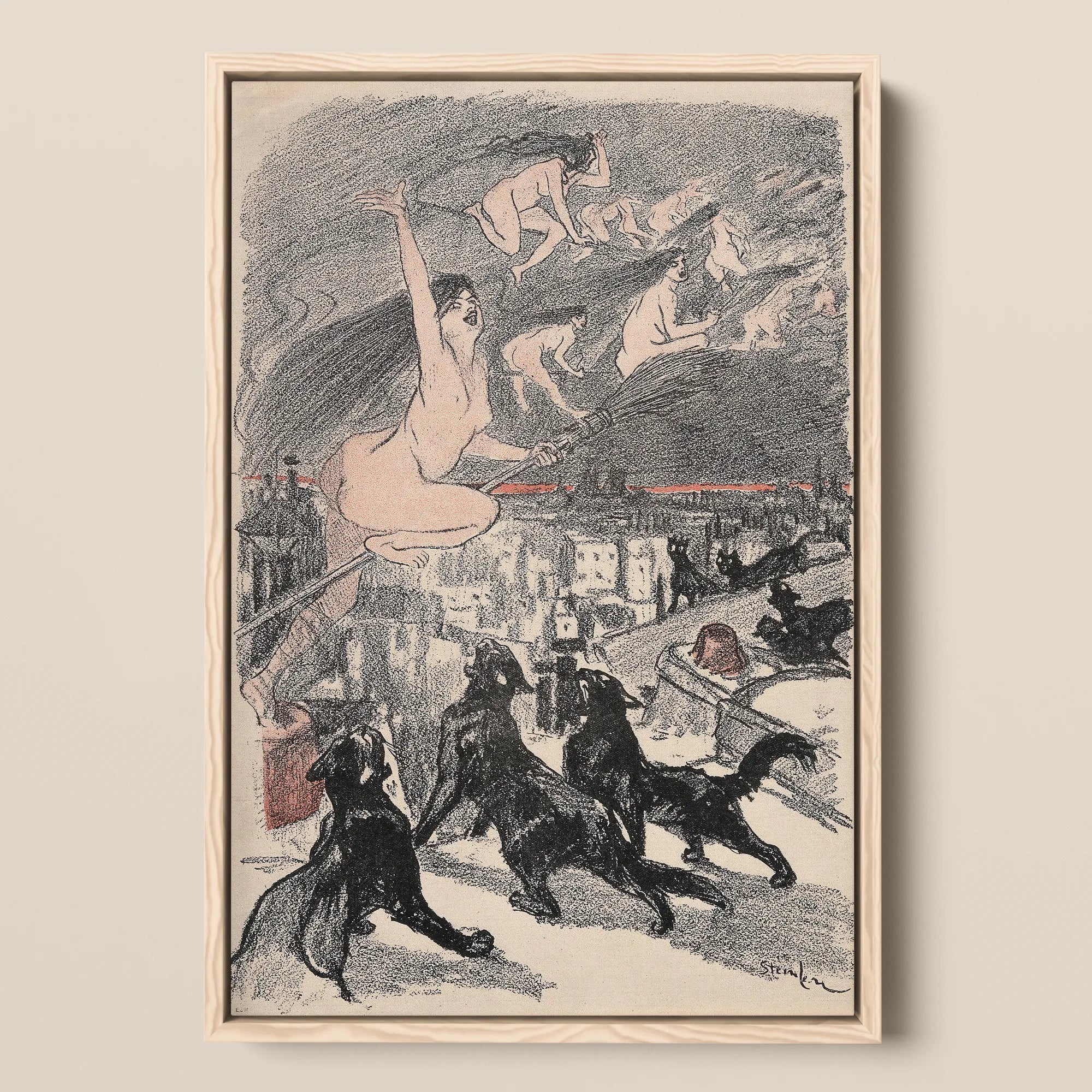 Big Black Cats Howl as Naked Witches Ascend Into the Night Over City - Théophile Steinlen Framed Canvas, 12x18’’ / 31x46cm / Natural