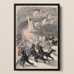 Big Black Cats Howl as Naked Witches Ascend Into the Night Over City - Théophile Steinlen Framed Canvas, 12x18’’ / 31x46cm / Floating