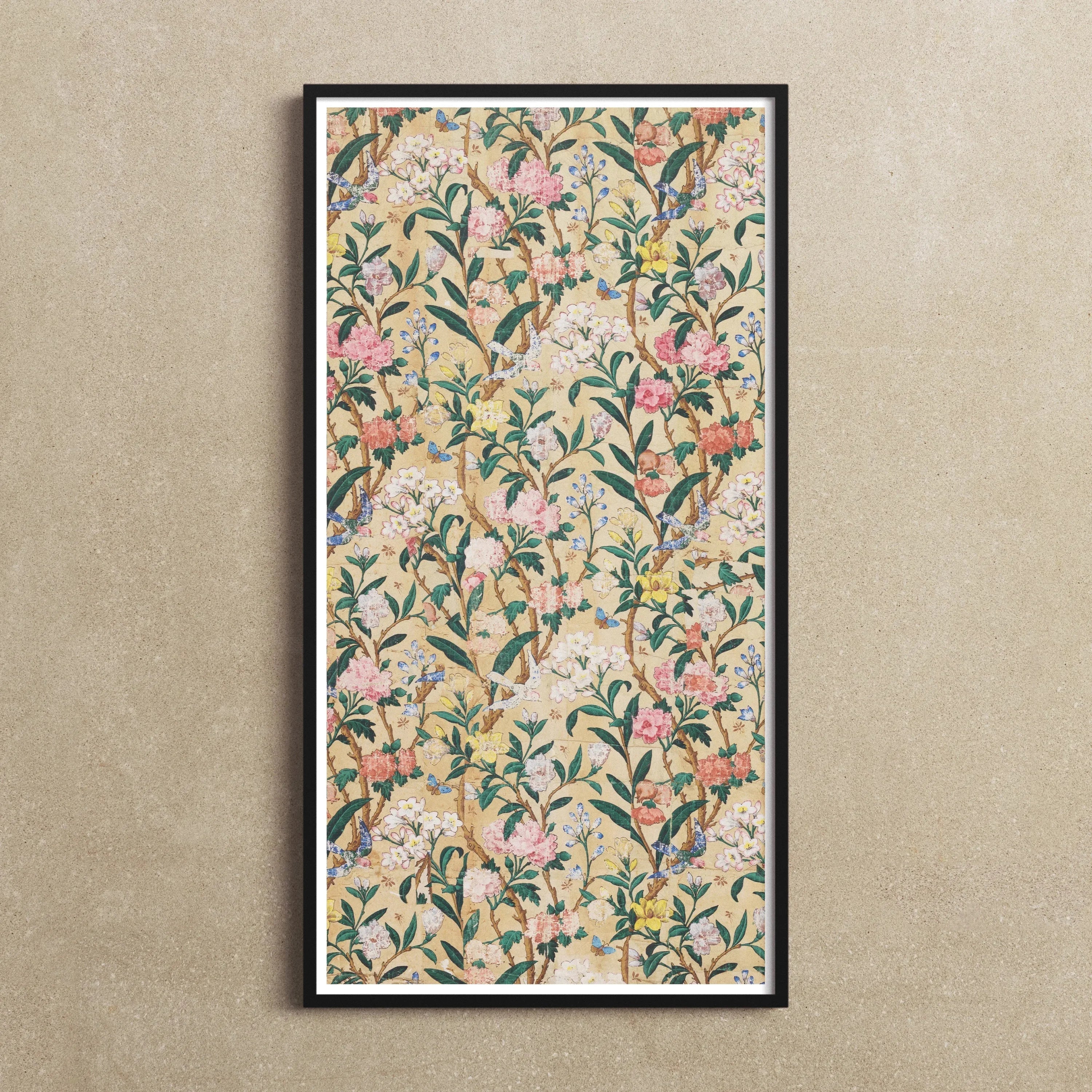 Birds Butterflies Bees and Blossoms Art Print, 10x20’’ / 25x51cm / Unframed, Framed Floral Print Colorful Flowers Green Leaves Beige