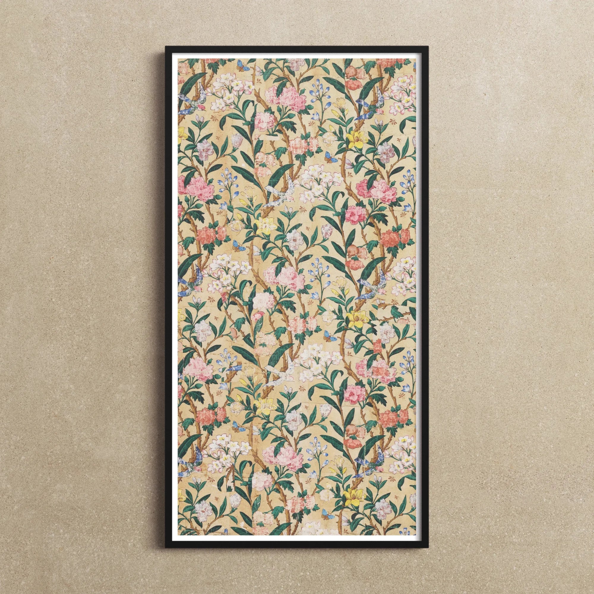 Birds Butterflies Bees and Blossoms Art Print, 10x20’’ / 25x51cm / Unframed, Framed Floral Print Colorful Flowers Green Leaves Beige